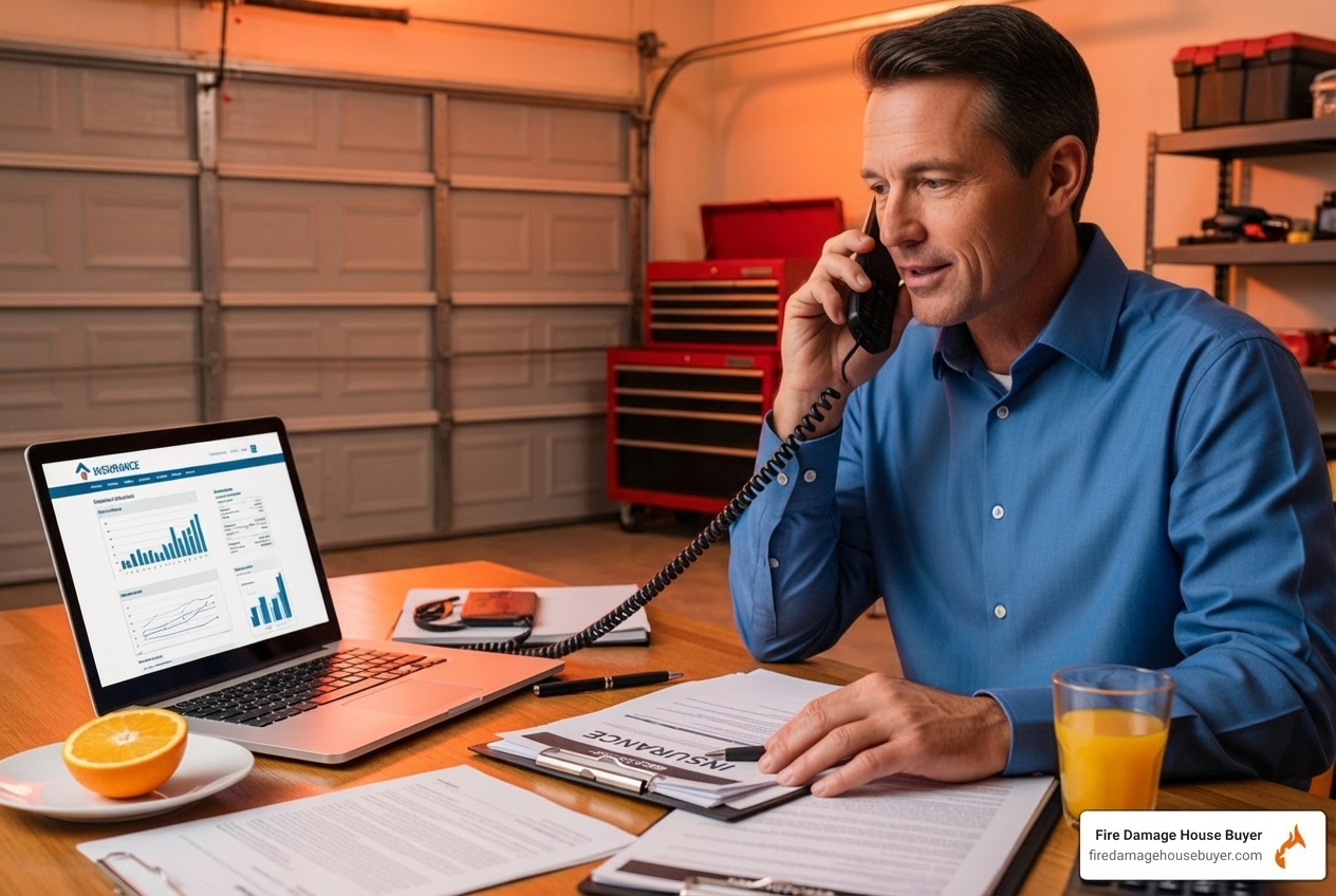 Homeowner reviewing insurance paperwork on the phone - how to sell a burned house Homeowner reviewing insurance paperwork on the phone - how to sell a burned house
