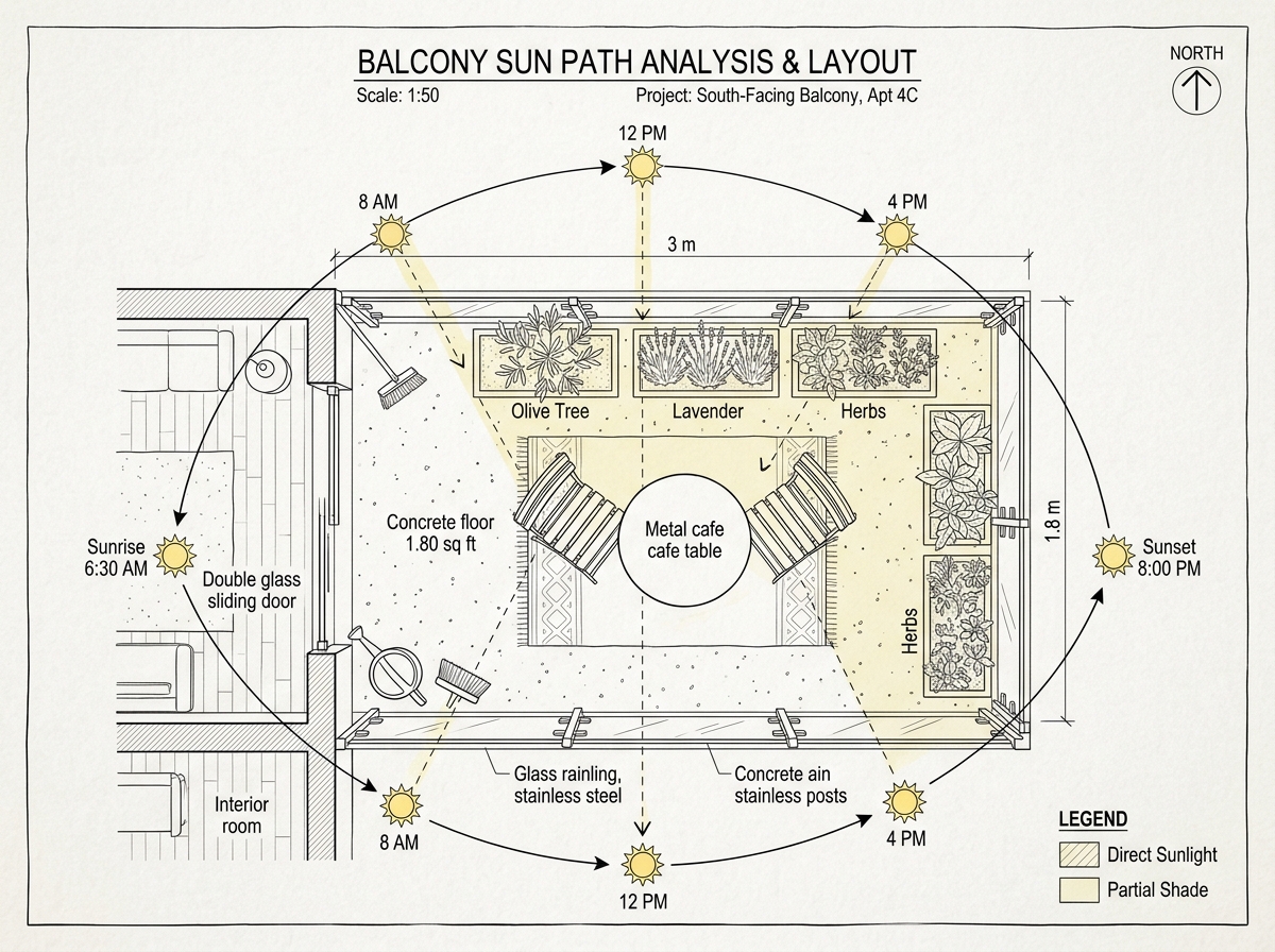 Detailed balcony floor plan showing sun path and furniture placement - diy balcony garden ideas