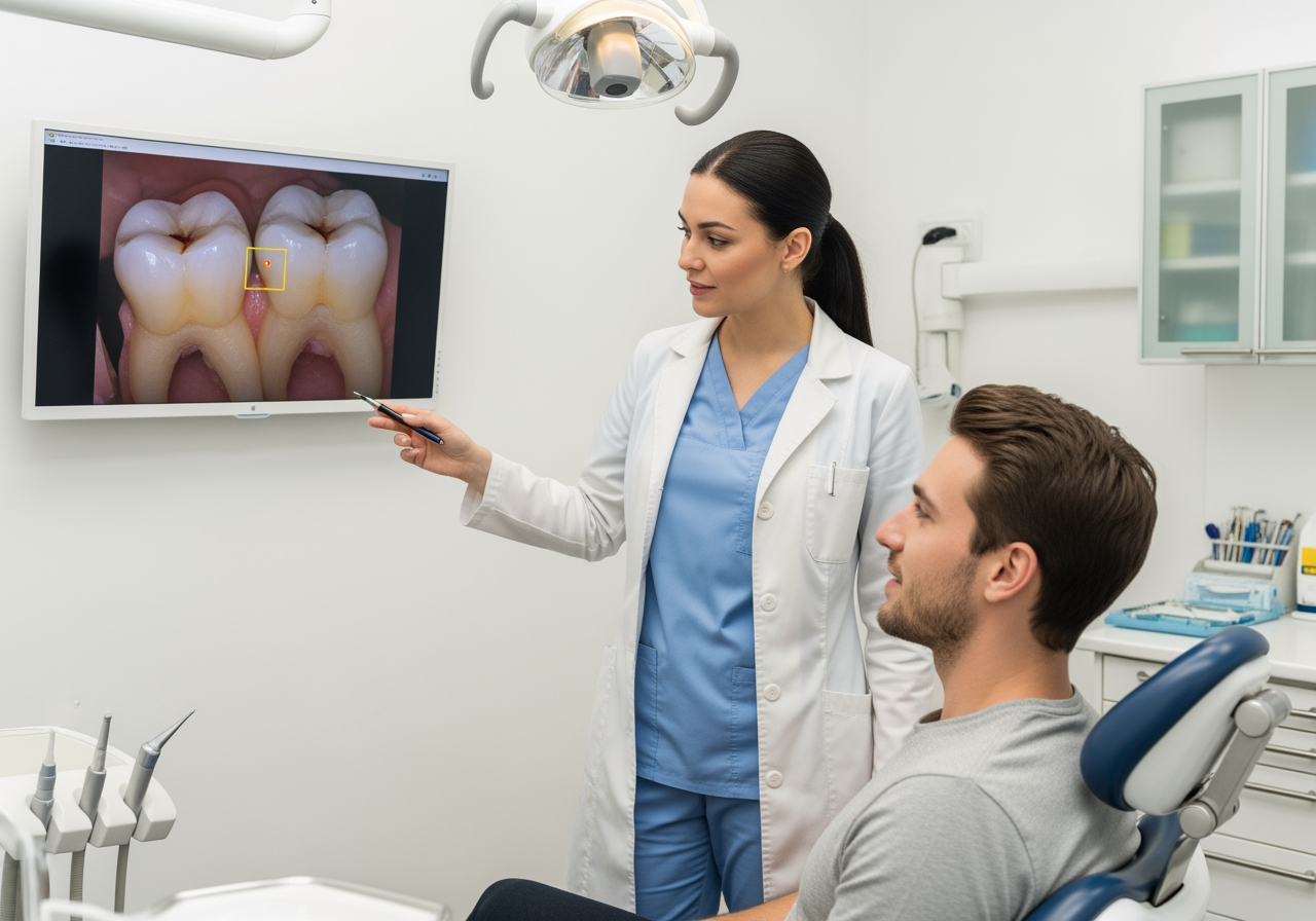 A dentist showing a patient an image on an intraoral camera screen - Modern Dental Care