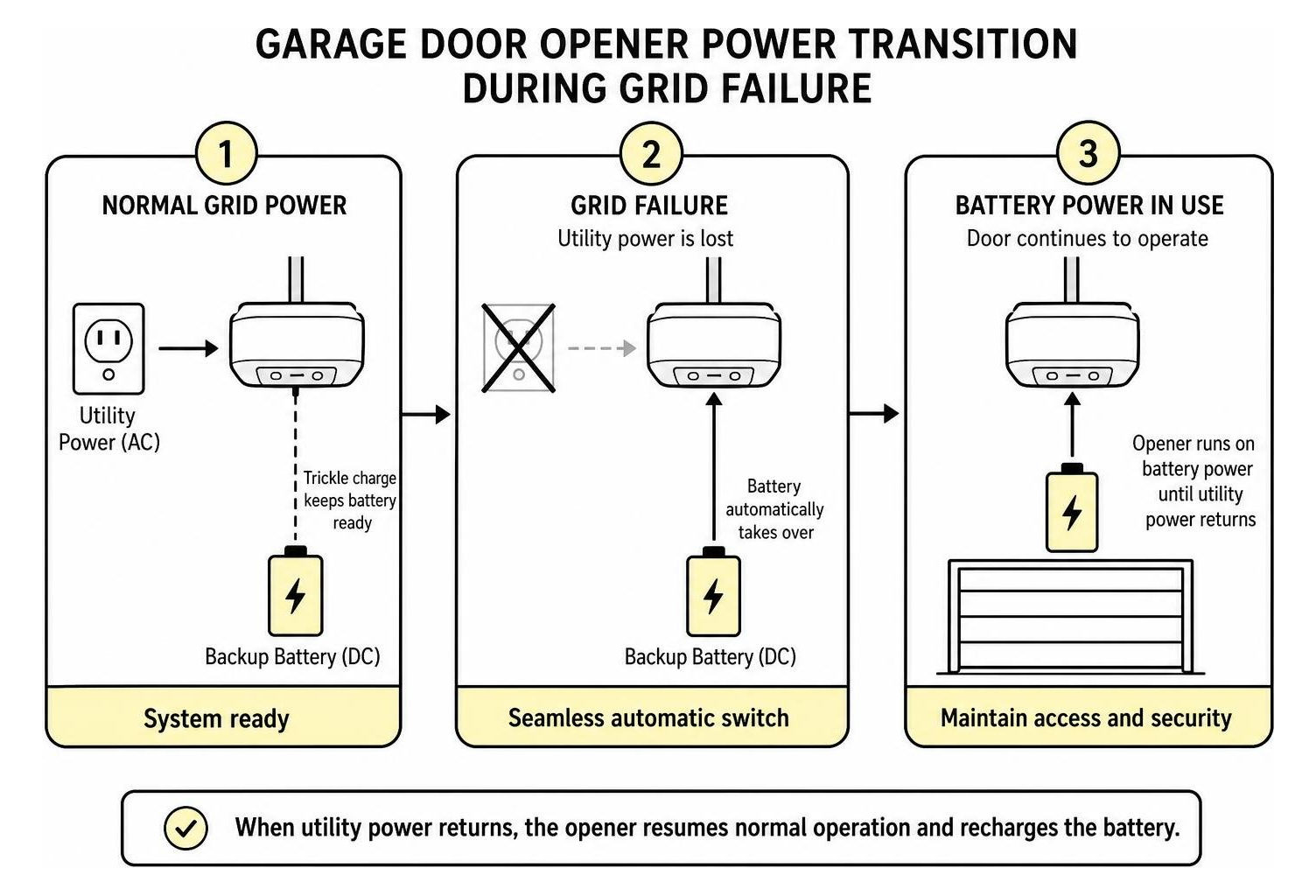 Garage door opener power transition process during grid failure