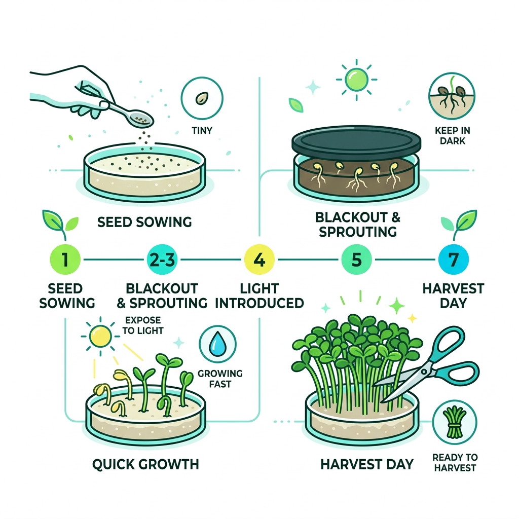 7-day microgreen growth cycle from seed to harvest infographic - best microgreens to grow infographic 