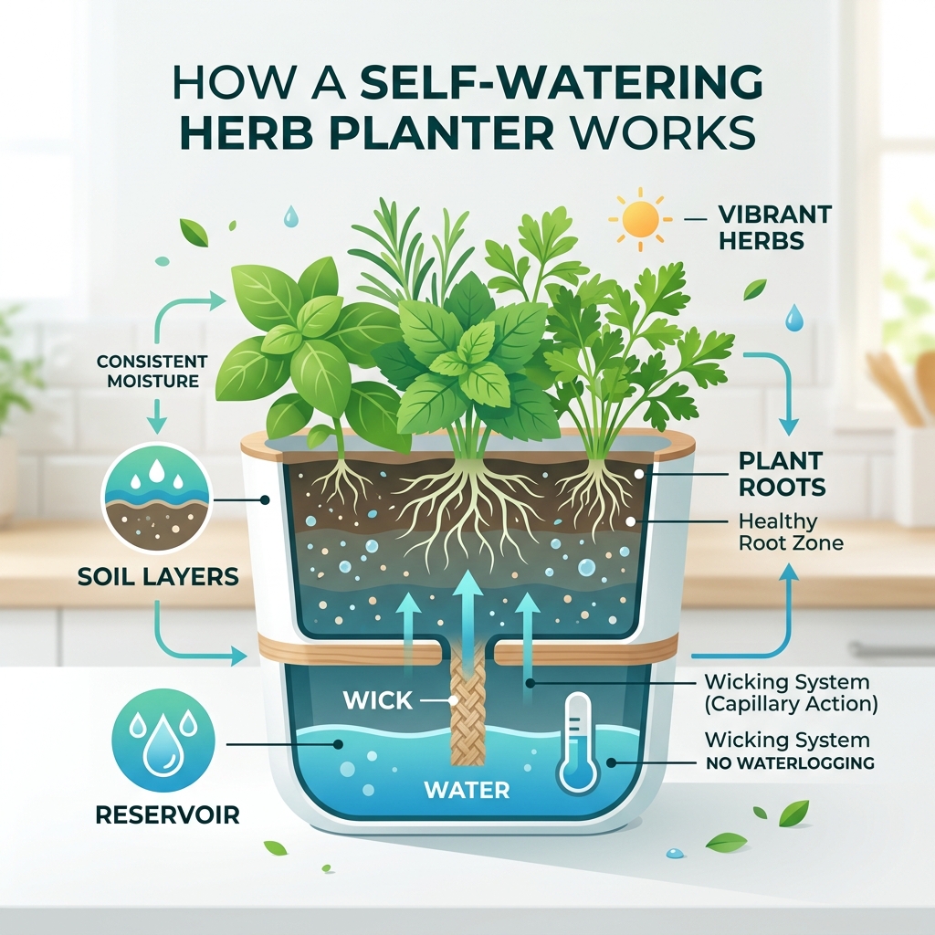 How a self-watering herb planter works: reservoir, wick, soil layers, and plant roots - self watering herb planter How a self-watering herb planter works: reservoir, wick, soil layers, and plant roots - self watering herb planter