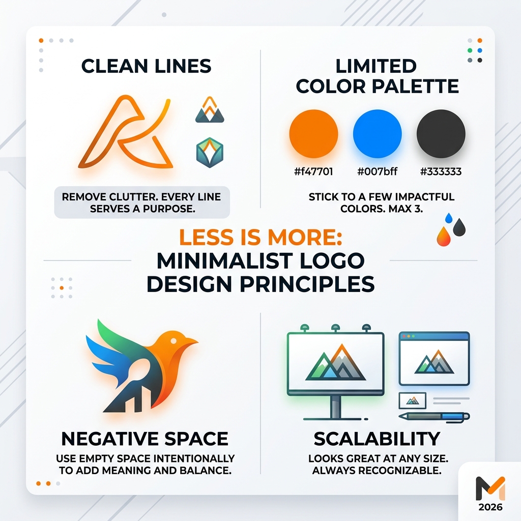 Infographic showing the "Less is More" philosophy: key principles of minimalist logo design including clean lines, limited Infographic showing the "Less is More" philosophy: key principles of minimalist logo design including clean lines, limited