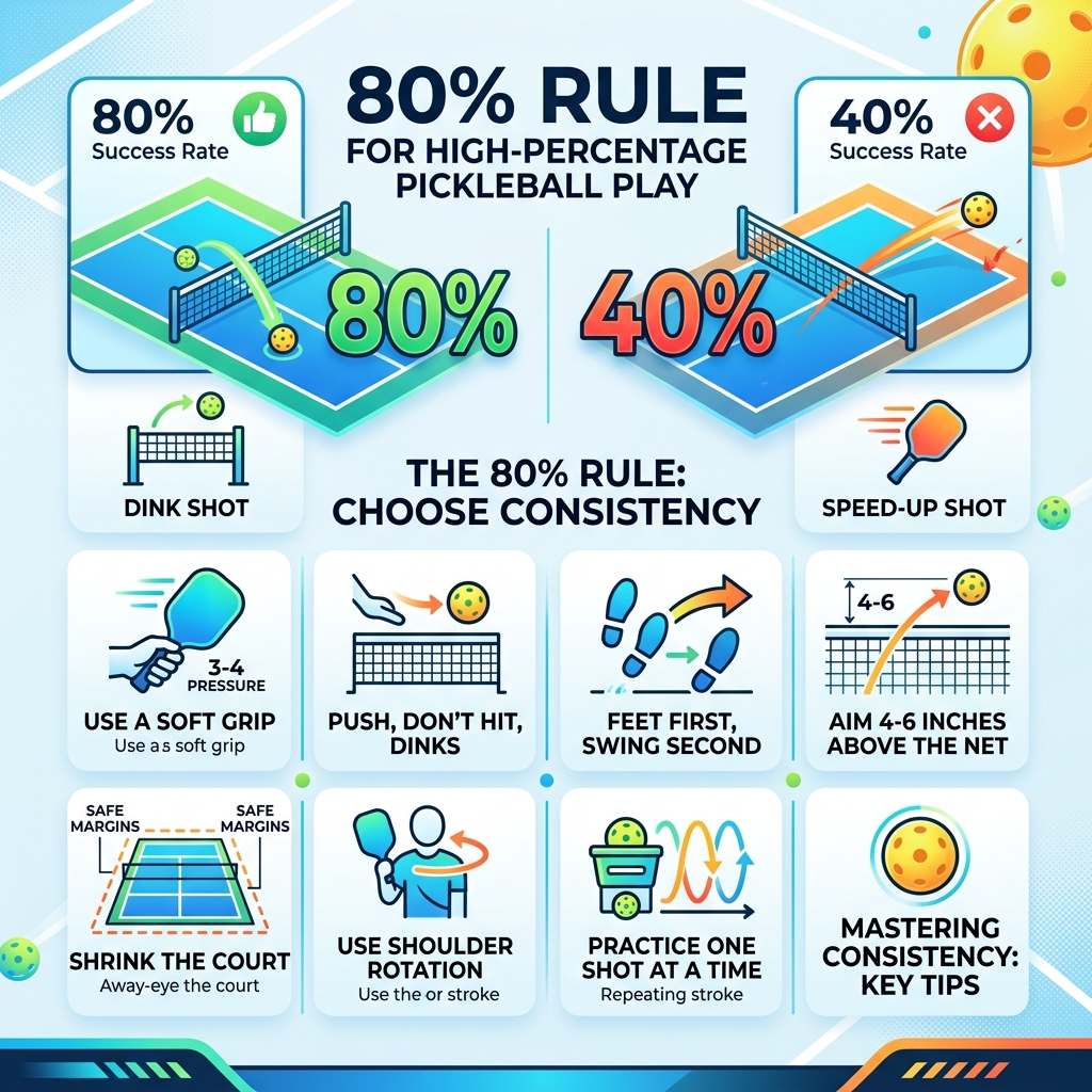 Infographic showing the 80% Rule for high-percentage pickleball play and key consistency tips - easy pickleball consistency