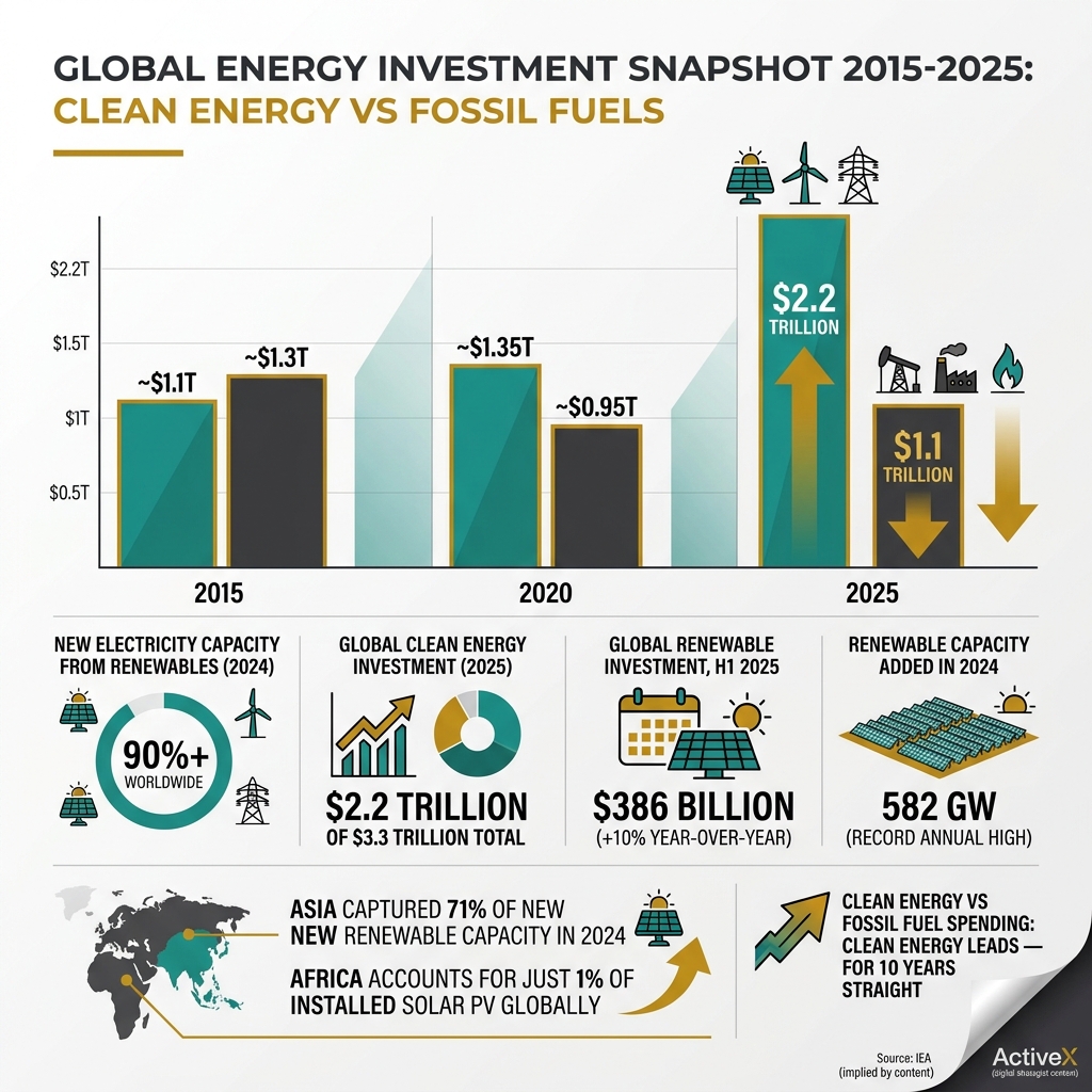 Comparison of Clean Energy vs Fossil Fuel Spending 2015-2025 - renewable energy investment boom infographic 
