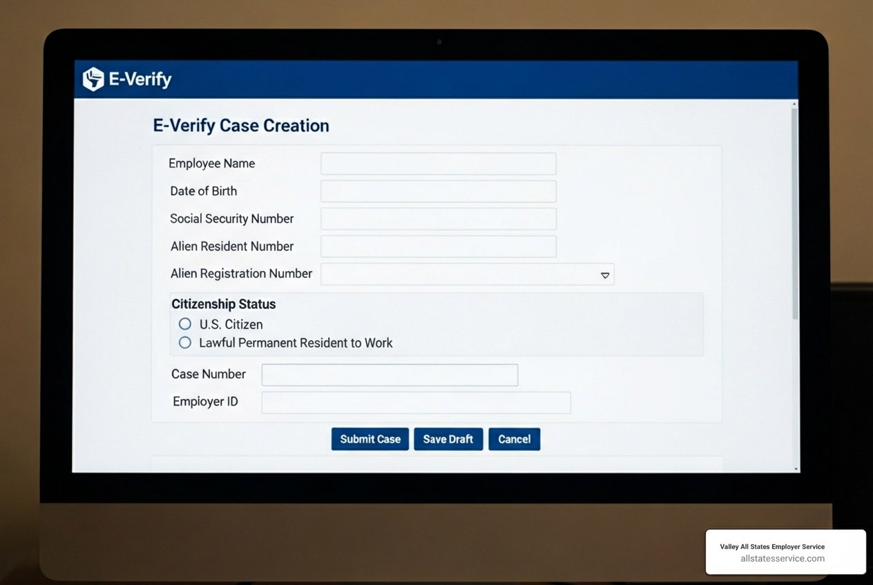 E-Verify case creation screen showing fields for employee information - e-verify verification process
