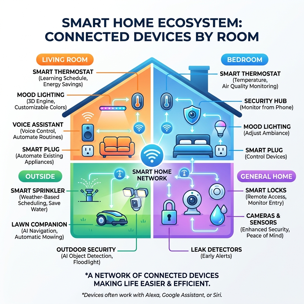 smart home ecosystem infographic showing connected devices by room - coolest smart home devices infographic 