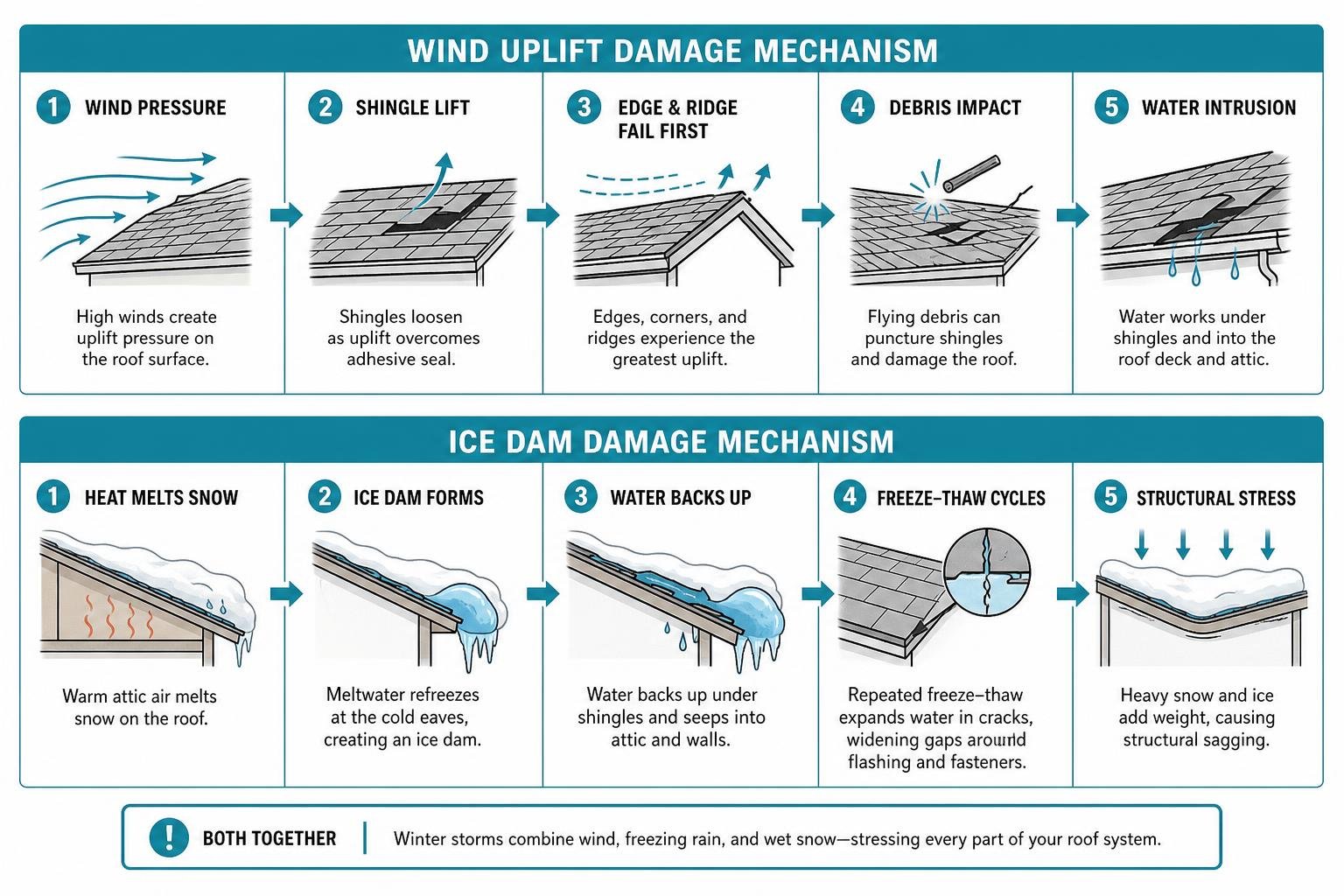 infographic showing wind uplift and ice dam damage mechanisms on a residential roof