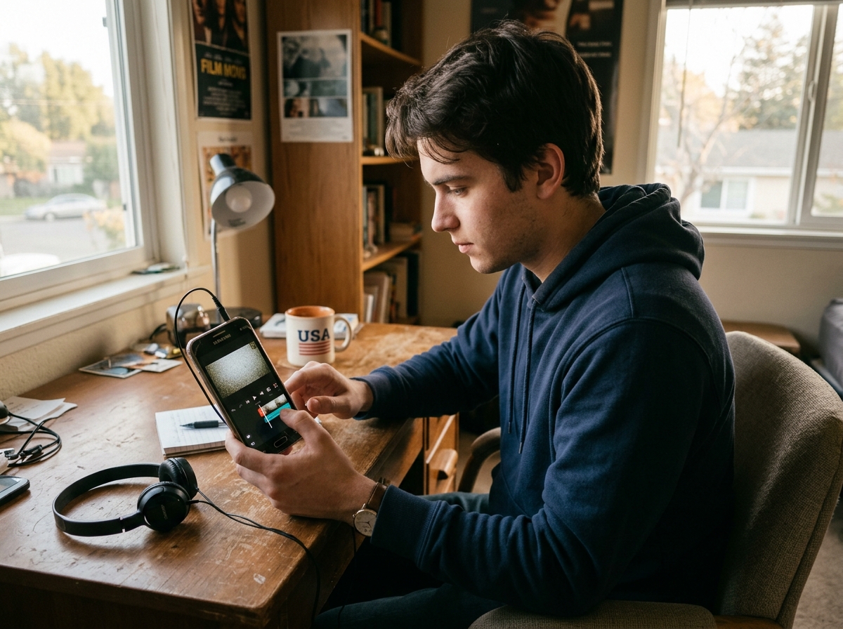 User editing a video on an older low-end smartphone - kinemaster video editor old version
