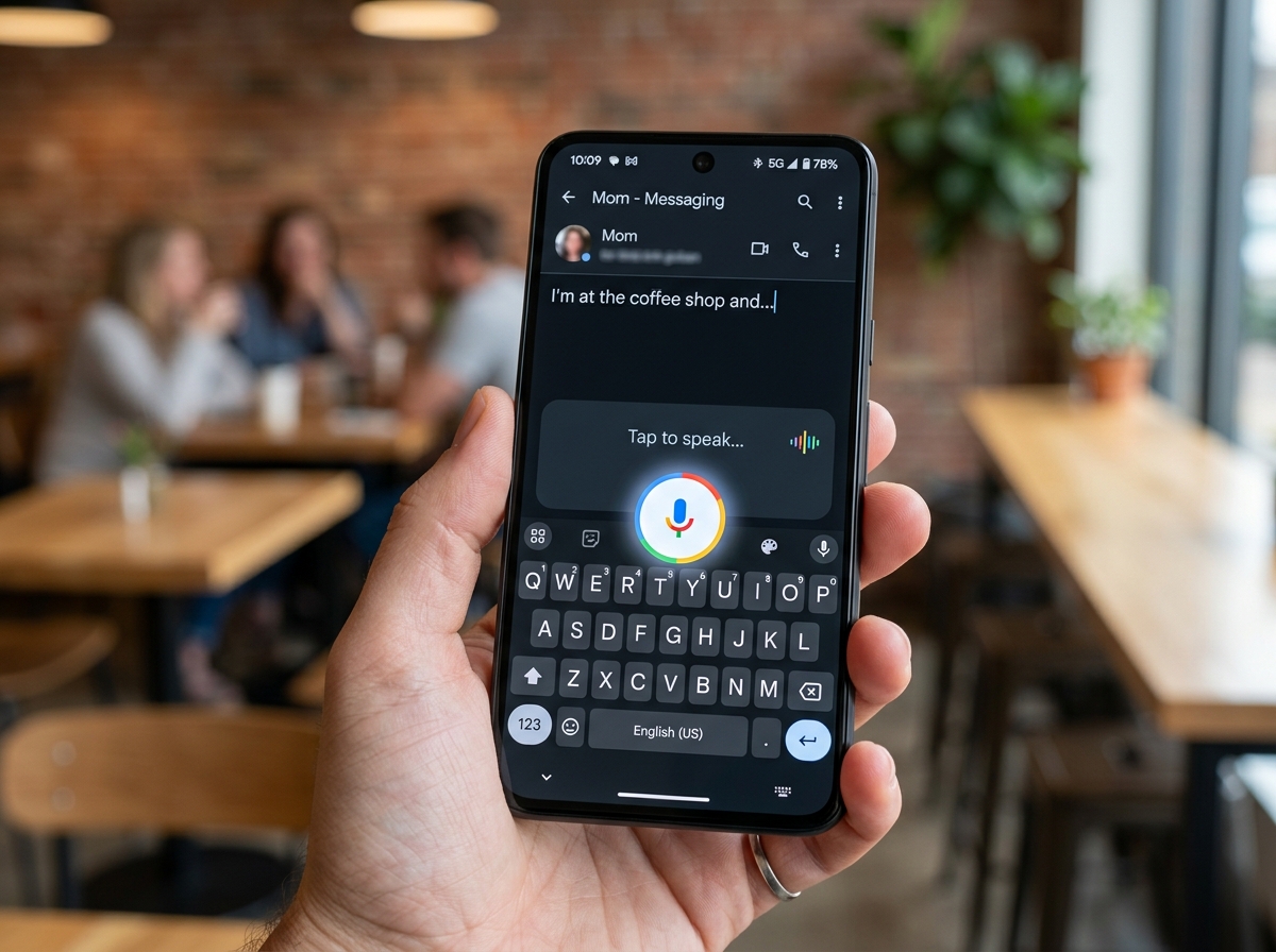 Smartphone keyboard showing the colorful Gboard microphone icon - advanced assistant command setup Smartphone keyboard showing the colorful Gboard microphone icon - advanced assistant command setup