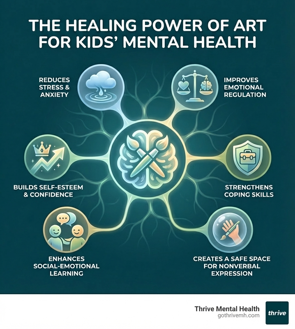 infographic showing six key benefits of art for children's mental health: reduces stress and anxiety, improves emotional regulation, builds self-esteem and confidence, strengthens coping skills, enhances social-emotional learning, and creates a safe space for nonverbal expression - mental health art activities for kids infographic 