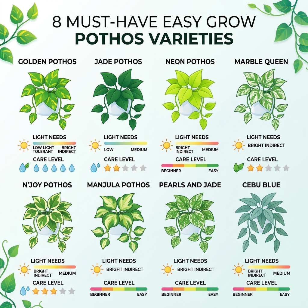 infographic showing 8 easy grow pothos varieties with light needs and care level ratings - easy grow pothos varieties