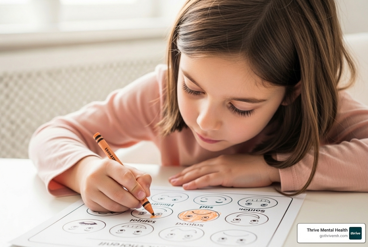 child drawing on an "Emotion Faces" printable worksheet - mental health printable art therapy activities pdf