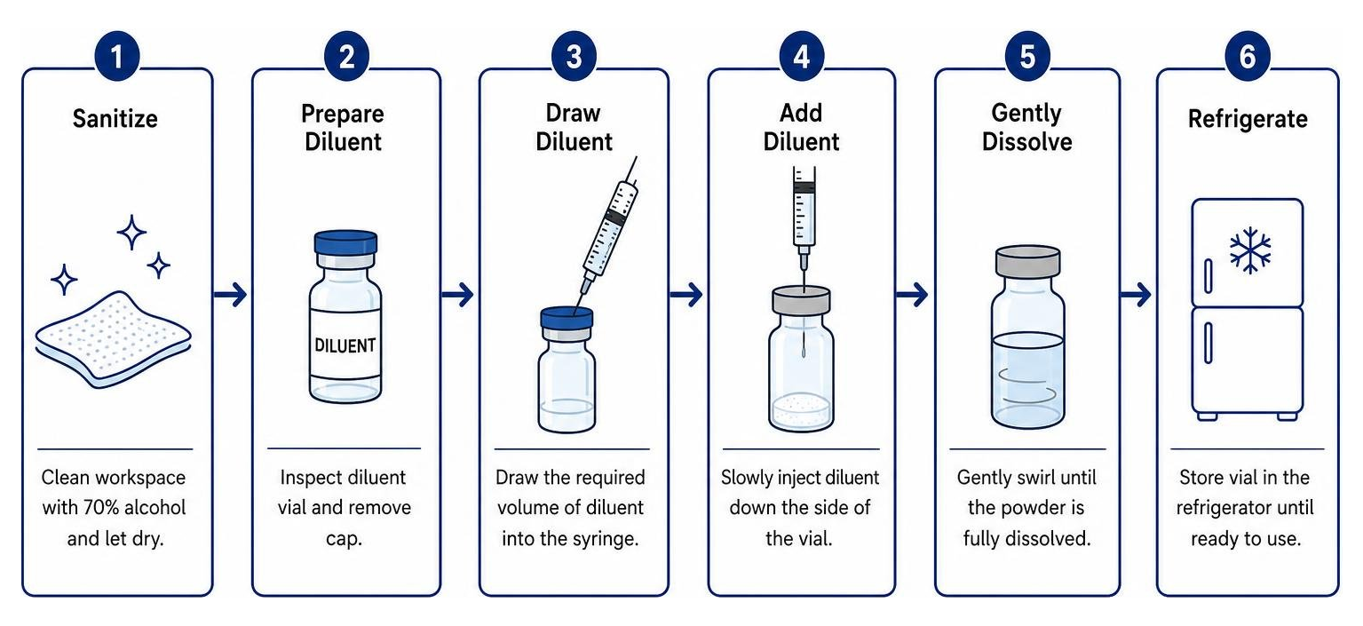 Process diagram showing reconstitution steps from sanitation to dissolution and refrigeration Process diagram showing reconstitution steps from sanitation to dissolution and refrigeration