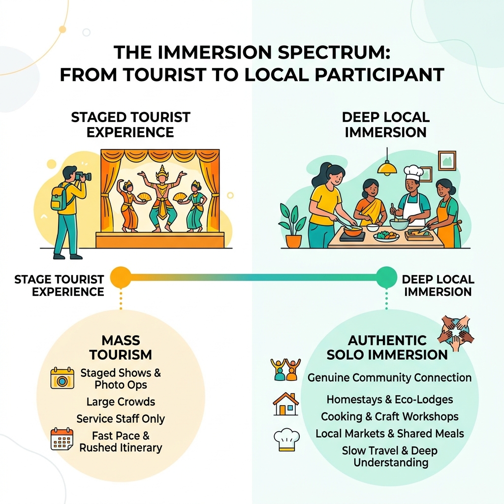 Infographic showing the Immersion vs. Tourism spectrum from staged tourist experiences to deep local immersion - authentic