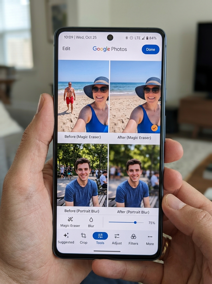 AI photo editing tools demonstrating Magic Eraser and background blur - free photo storage