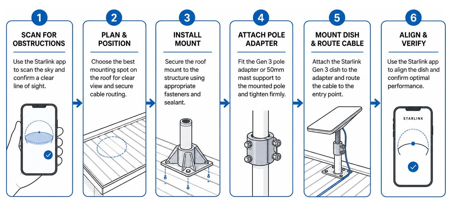 Step-by-step Starlink roof installation process flow Step-by-step Starlink roof installation process flow