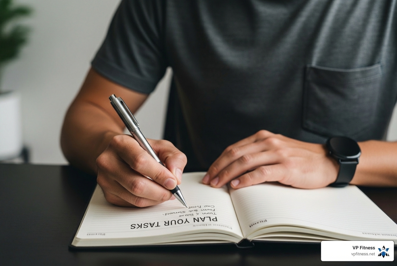 person tracking fitness metrics in a notebook - Individualized fitness plan
