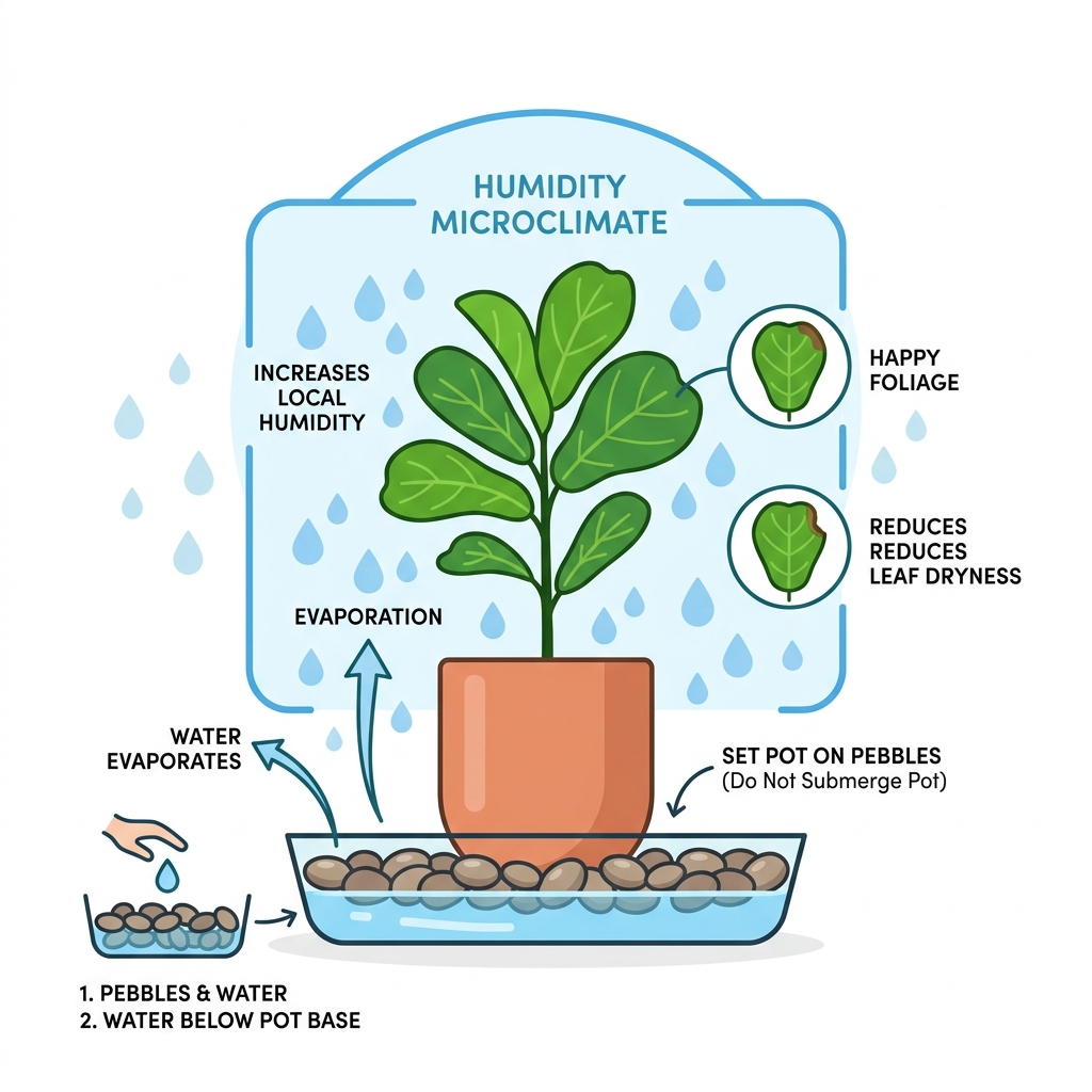 Infographic showing how a pebble tray creates a humidity microclimate under a fiddle leaf fig - pebble tray for fiddle leaf