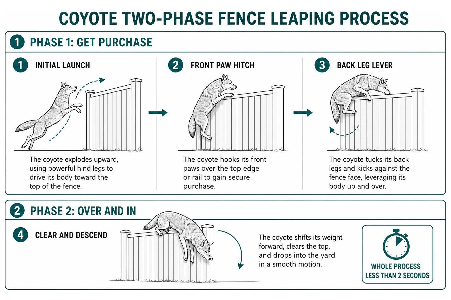 Step-by-step coyote two-phase fence leaping process