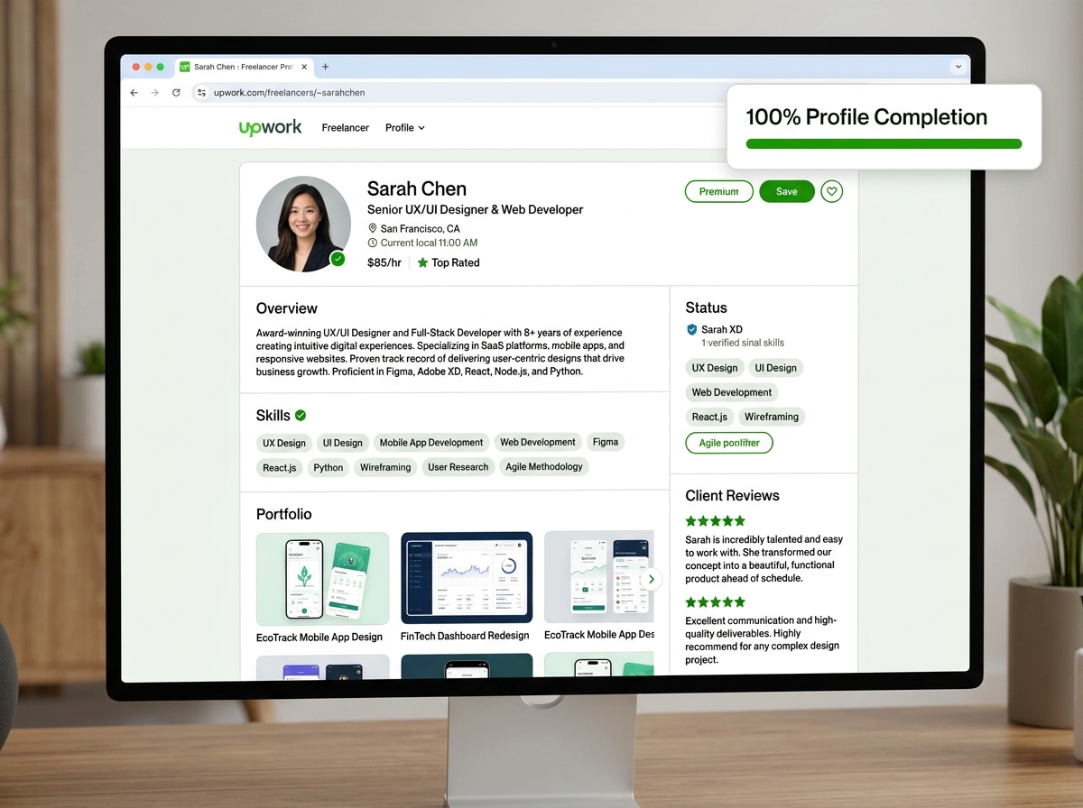A professional Upwork freelancer profile showing a 100% completion rate - freelancing with upwork