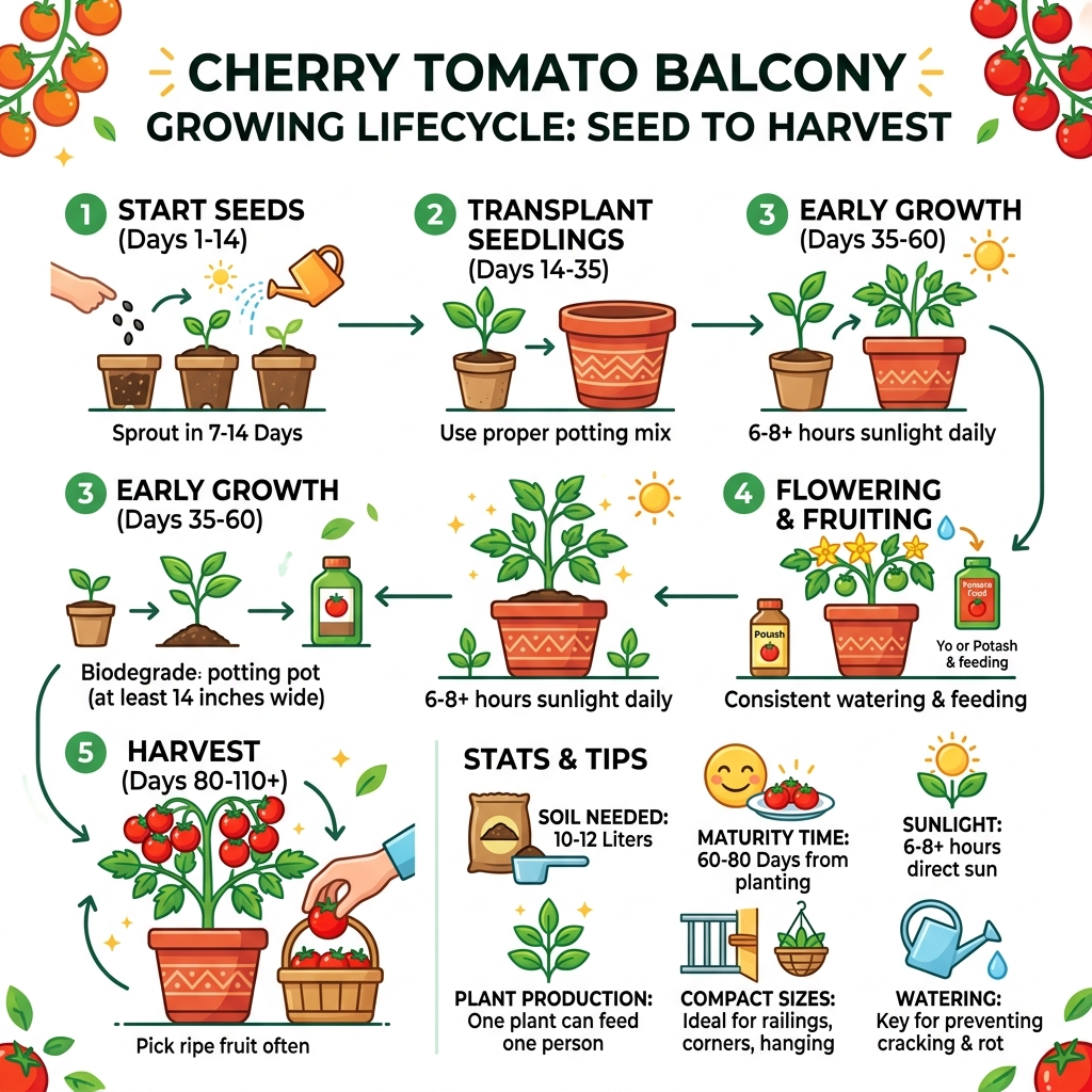 Infographic: cherry tomato balcony growing lifecycle from seed to harvest, key steps and stats - balcony garden cherry