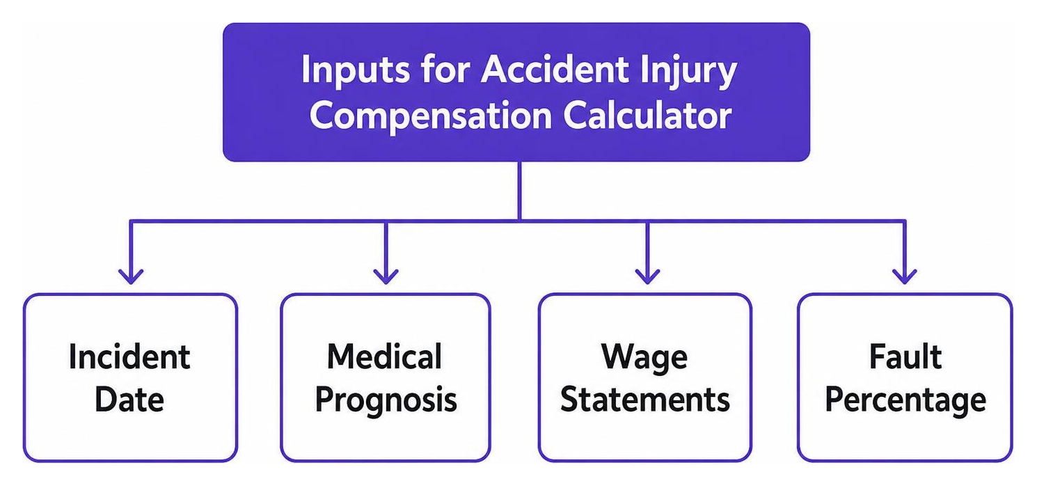 diagram showing the core inputs required: incident date, medical prognosis, wage statements, and fault percentage