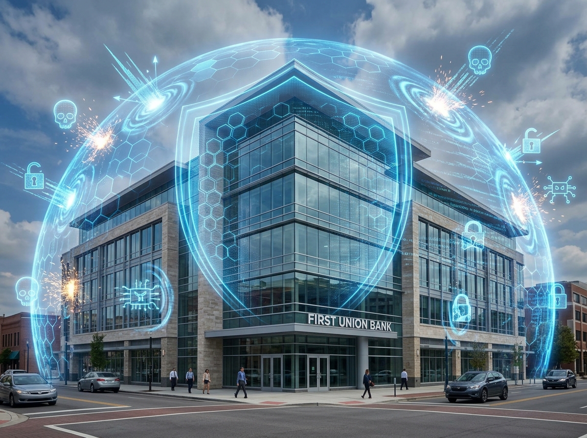 A digital shield protecting a bank building from cyber threats - zelle scam refund A digital shield protecting a bank building from cyber threats - zelle scam refund