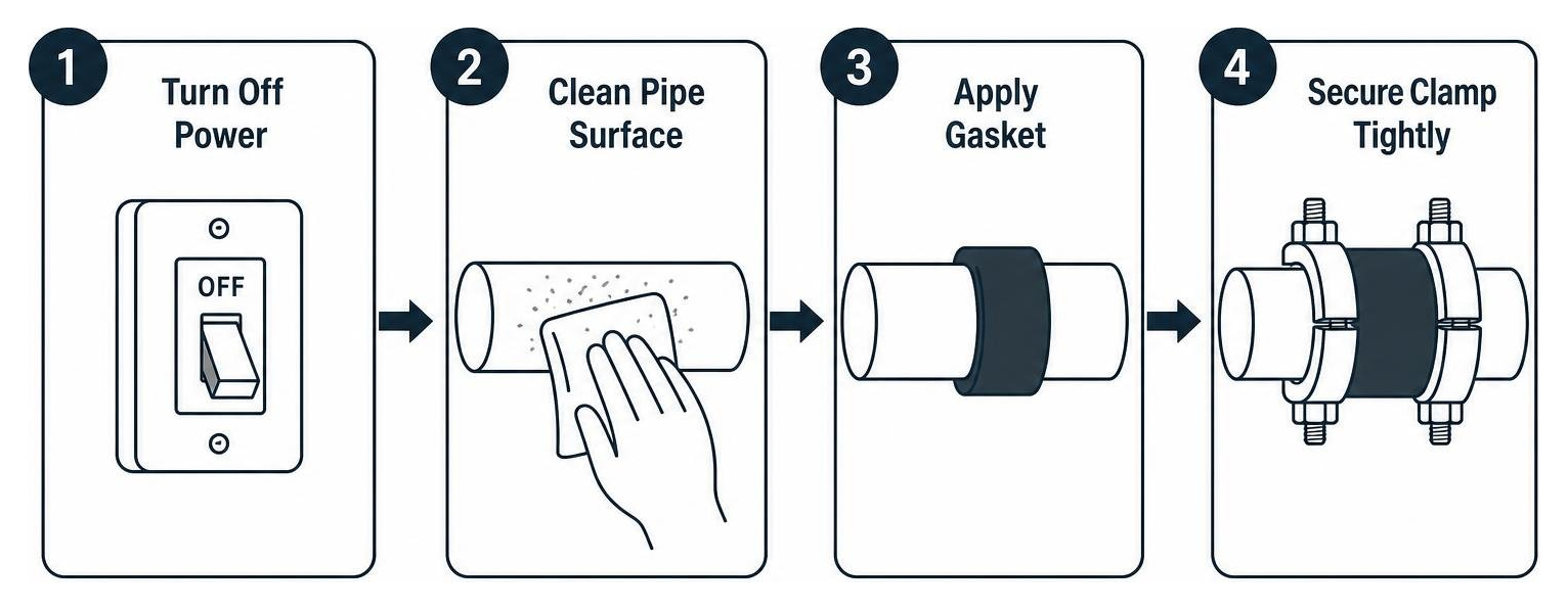 Sequence for applying a temporary boiler pipe clamp patch: turn off power, clean pipe surface, apply gasket, secure clamp Sequence for applying a temporary boiler pipe clamp patch: turn off power, clean pipe surface, apply gasket, secure clamp