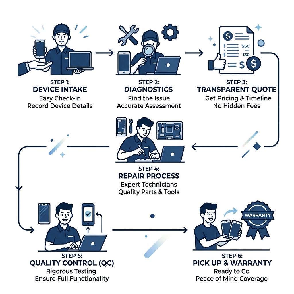 Step-by-step device intake and repair process infographic for phone and computer repair - phone computer repair infographic 
