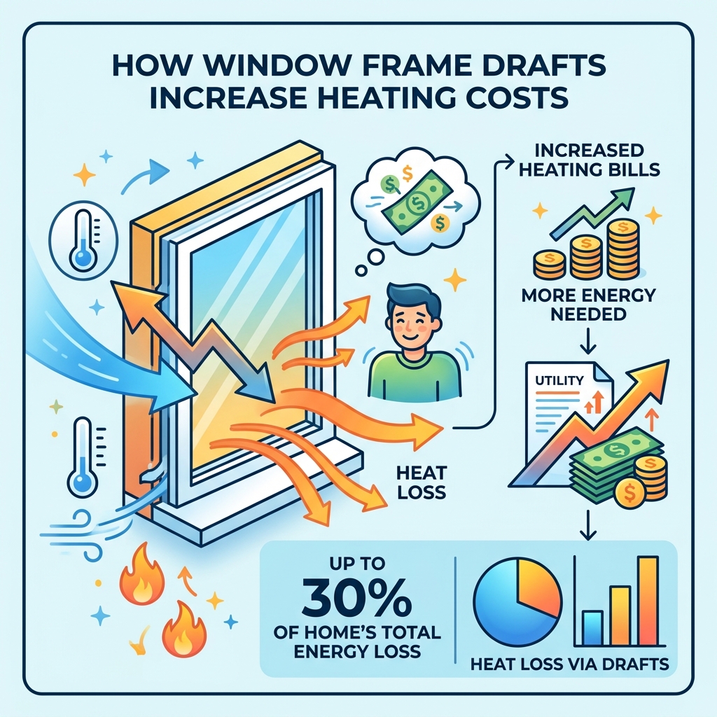 infographic showing how window frame drafts cause heat loss and impact heating bills - draft from window frame infographic 