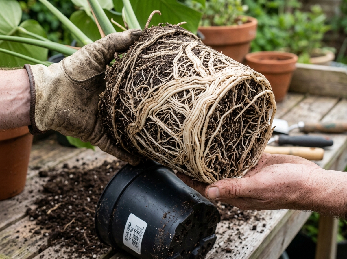 roots circling a nursery pot - repotting plants into bigger pots
