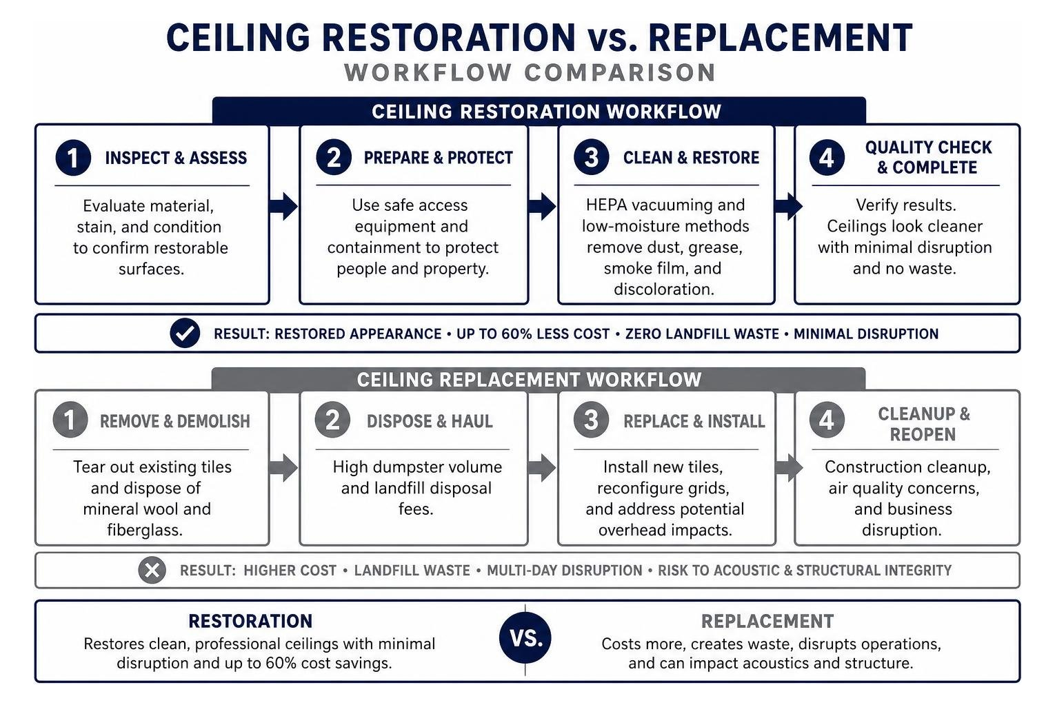 Ceiling restoration versus replacement workflow comparison
