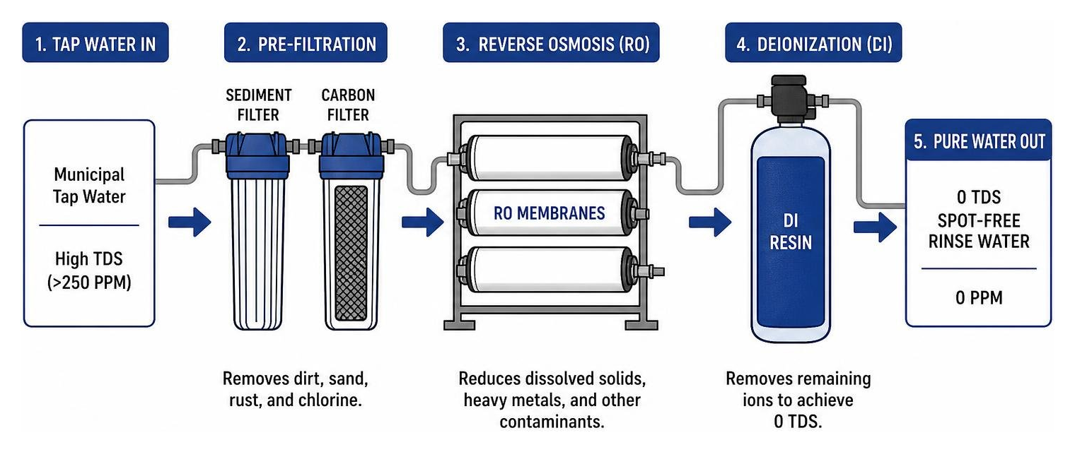 DI/RO water filtration process converting tap water into 0 TDS spot-free rinse water DI/RO water filtration process converting tap water into 0 TDS spot-free rinse water
