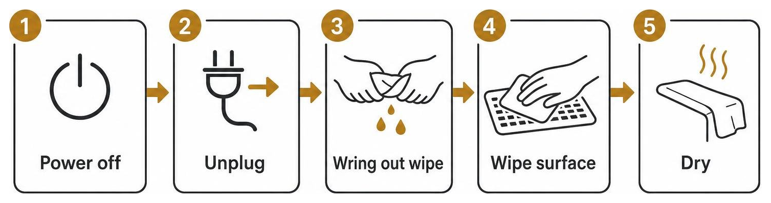 Step-by-step process diagram for cleaning office electronics: Power off, unplug, wring out wipe, wipe surface, dry Step-by-step process diagram for cleaning office electronics: Power off, unplug, wring out wipe, wipe surface, dry