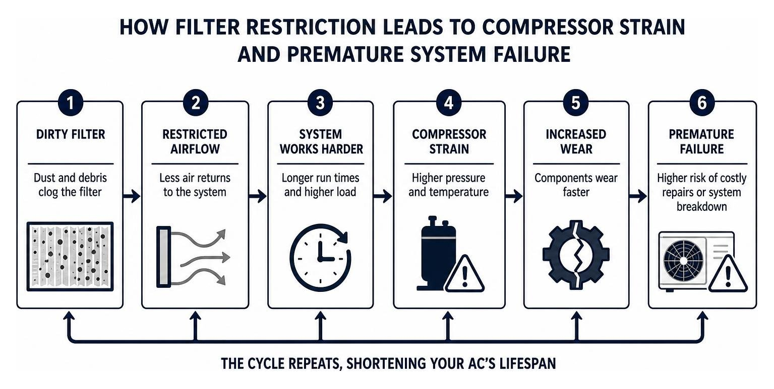Diagram showing how filter restriction leads to compressor strain and premature system failure Diagram showing how filter restriction leads to compressor strain and premature system failure
