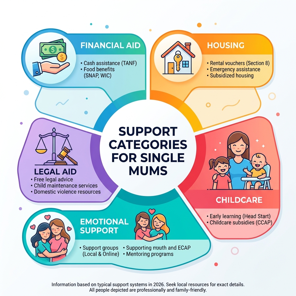 Overview infographic of 5 key help categories for single mums: financial aid, housing, childcare, emotional support, legal