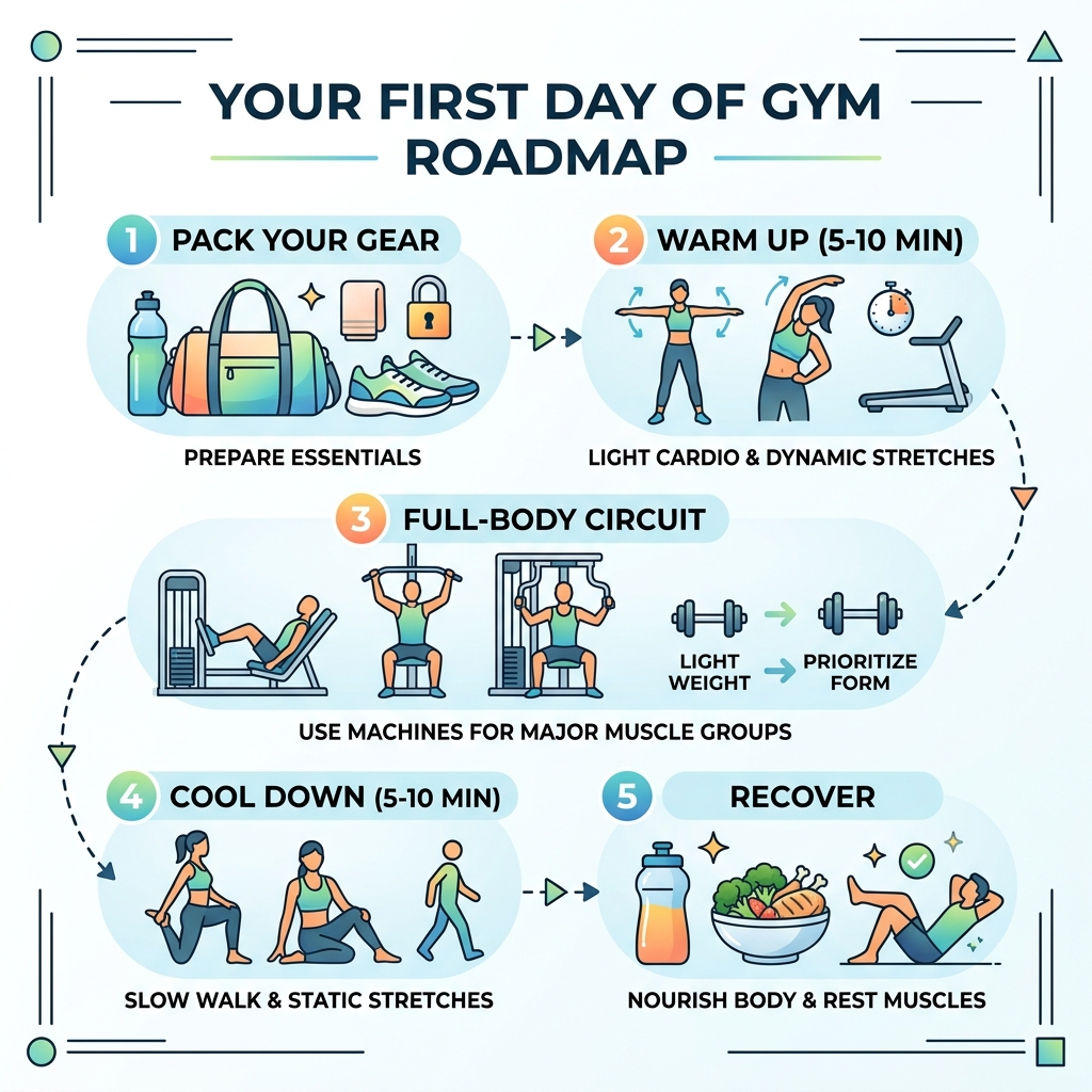 First day of gym roadmap: pack gear, warm up, full-body circuit, cool down, recover - 1st day of gym infographic 