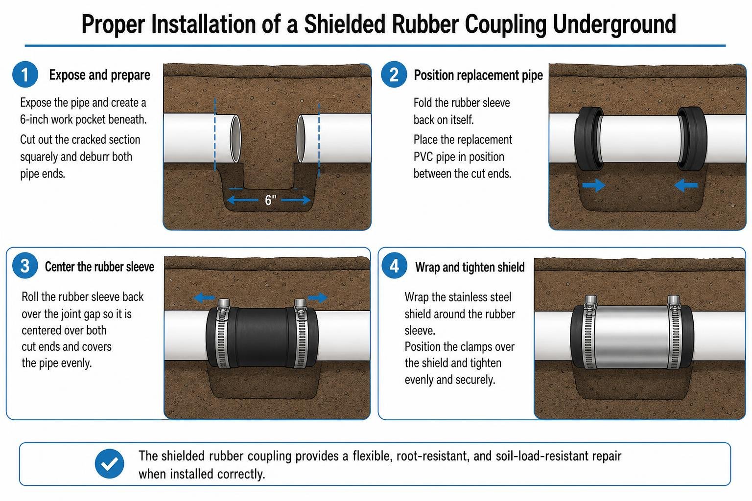 Proper installation of a shielded rubber coupling underground Proper installation of a shielded rubber coupling underground
