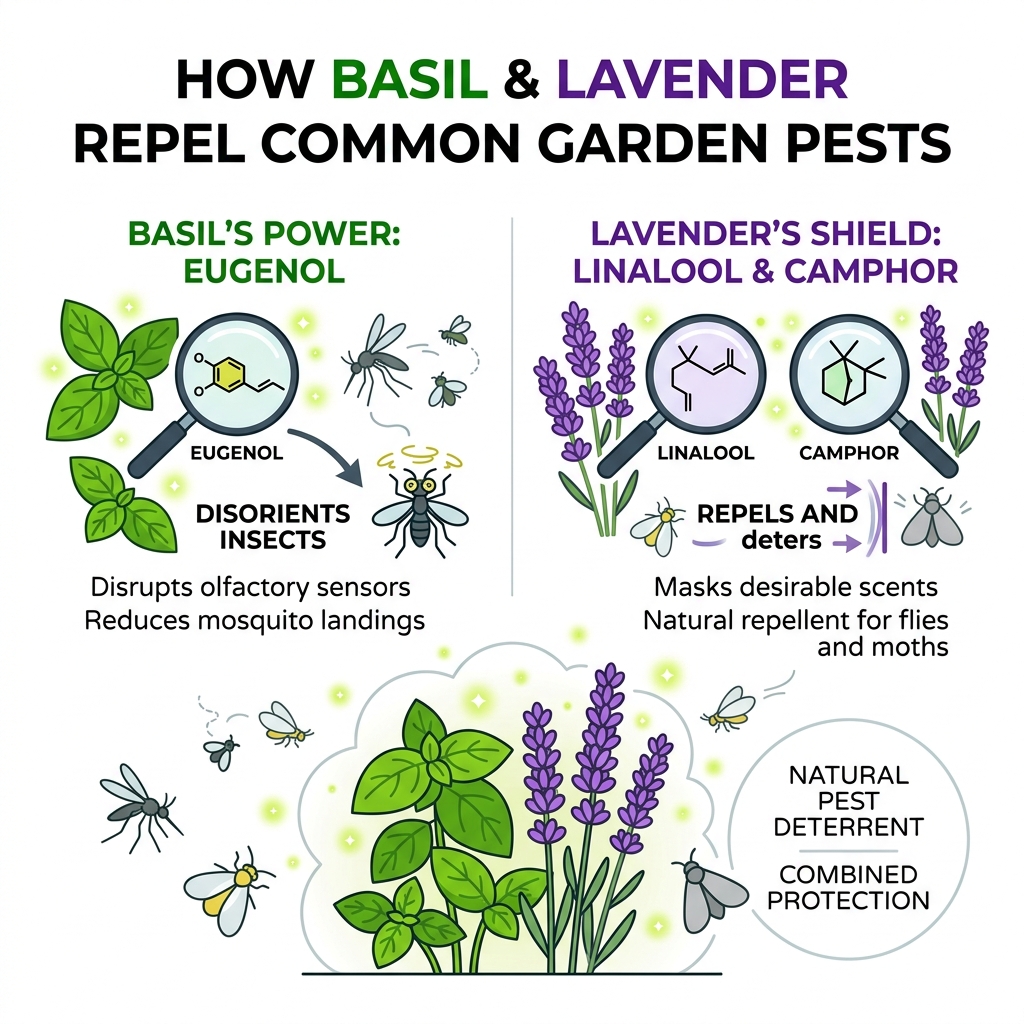 Infographic showing how basil and lavender compounds disorient and repel common garden pests - basil lavender bug repellent Infographic showing how basil and lavender compounds disorient and repel common garden pests - basil lavender bug repellent