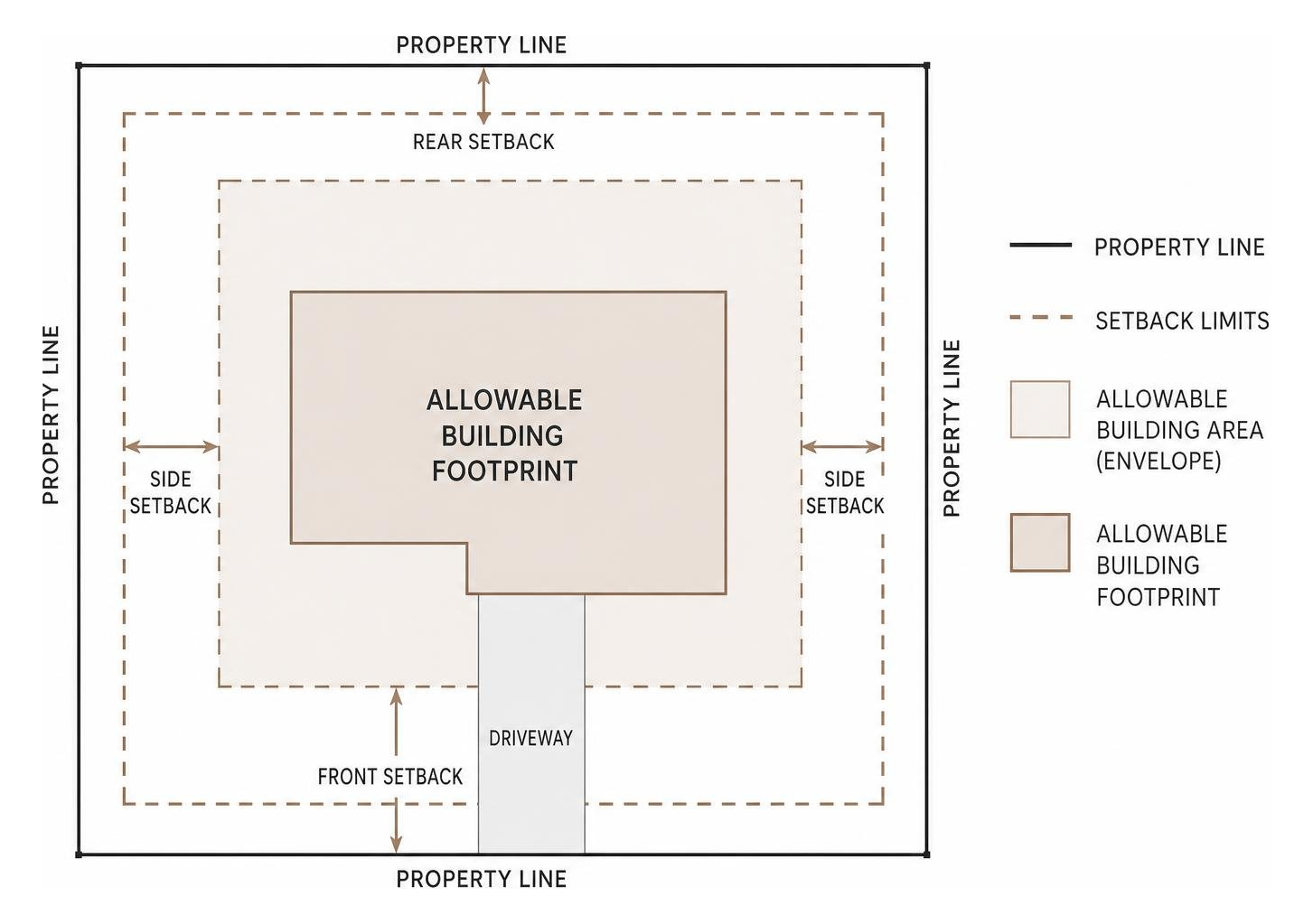 Illinois site planning diagram showing property lines, setback limits, and allowable building footprint Illinois site planning diagram showing property lines, setback limits, and allowable building footprint