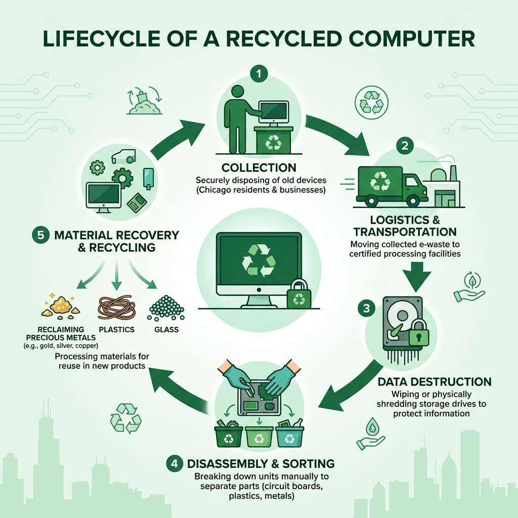 Lifecycle of a recycled computer from collection to material recovery infographic - recycling electronics in chicago Lifecycle of a recycled computer from collection to material recovery infographic - recycling electronics in chicago