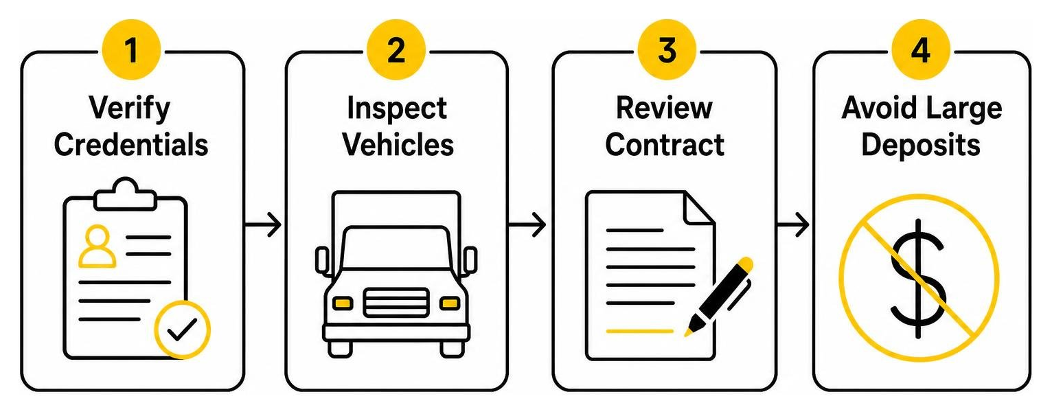 Process to identify moving scams: verify credentials, inspect vehicles, review contract, avoid large deposits Process to identify moving scams: verify credentials, inspect vehicles, review contract, avoid large deposits