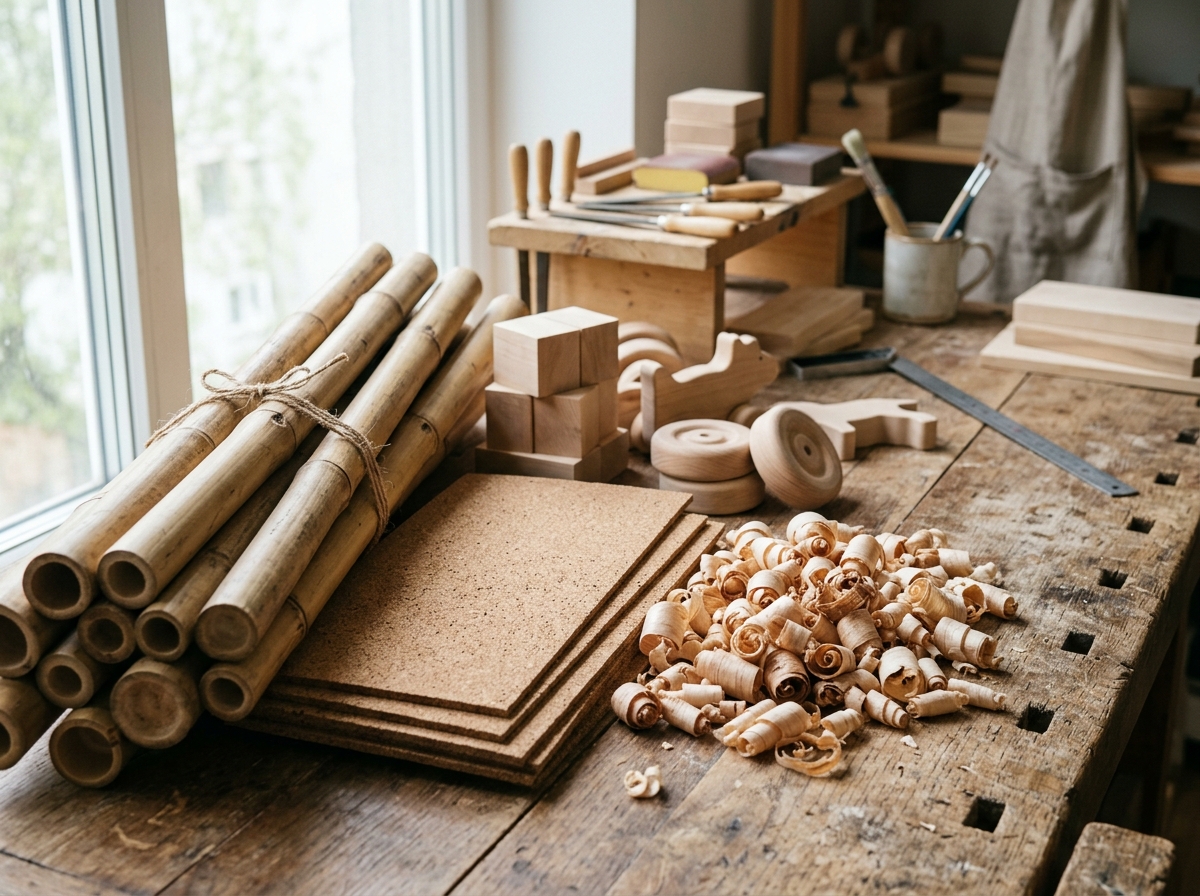 Raw sustainable materials like bamboo and cork used in toy manufacturing - eco toys for 6 year olds