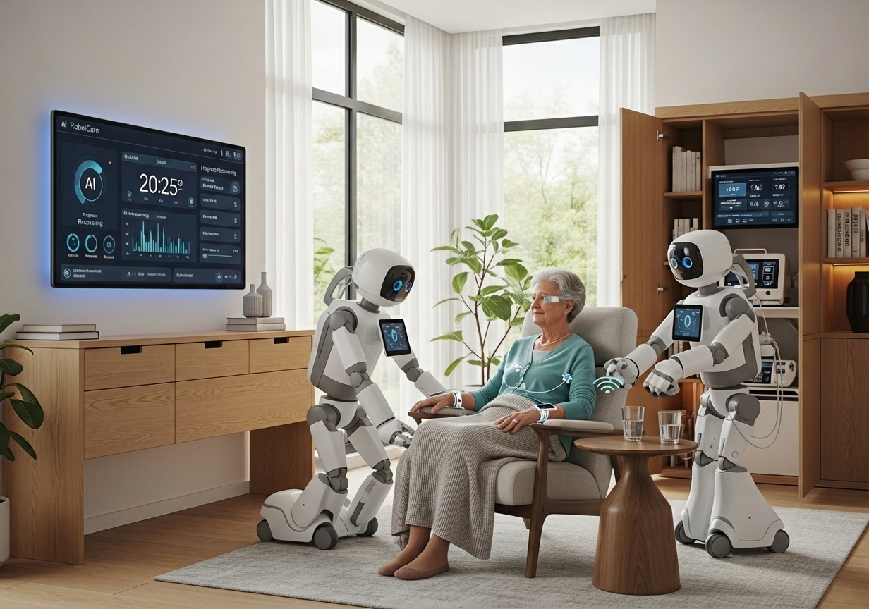 A futuristic, yet realistic, home healthcare setup with integrated AI systems and assistive robots - medical technology