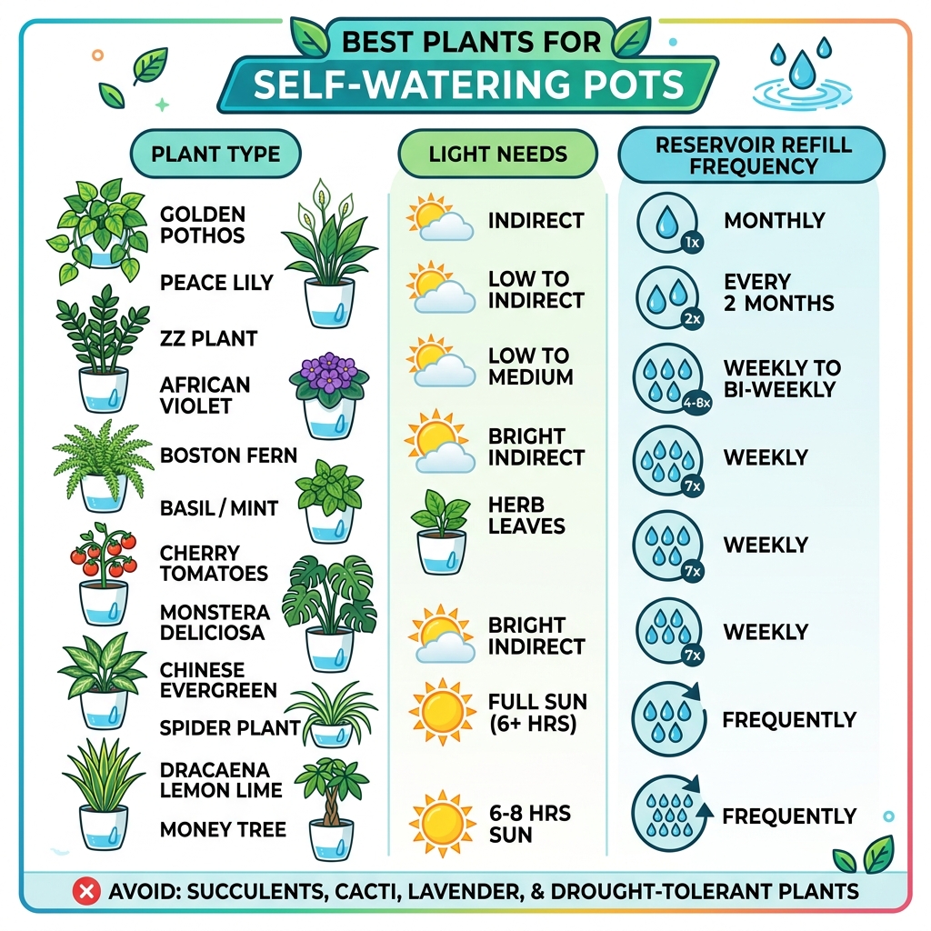 infographic showing best plants for self-watering pots with reservoir refill frequency and light needs - plants for self