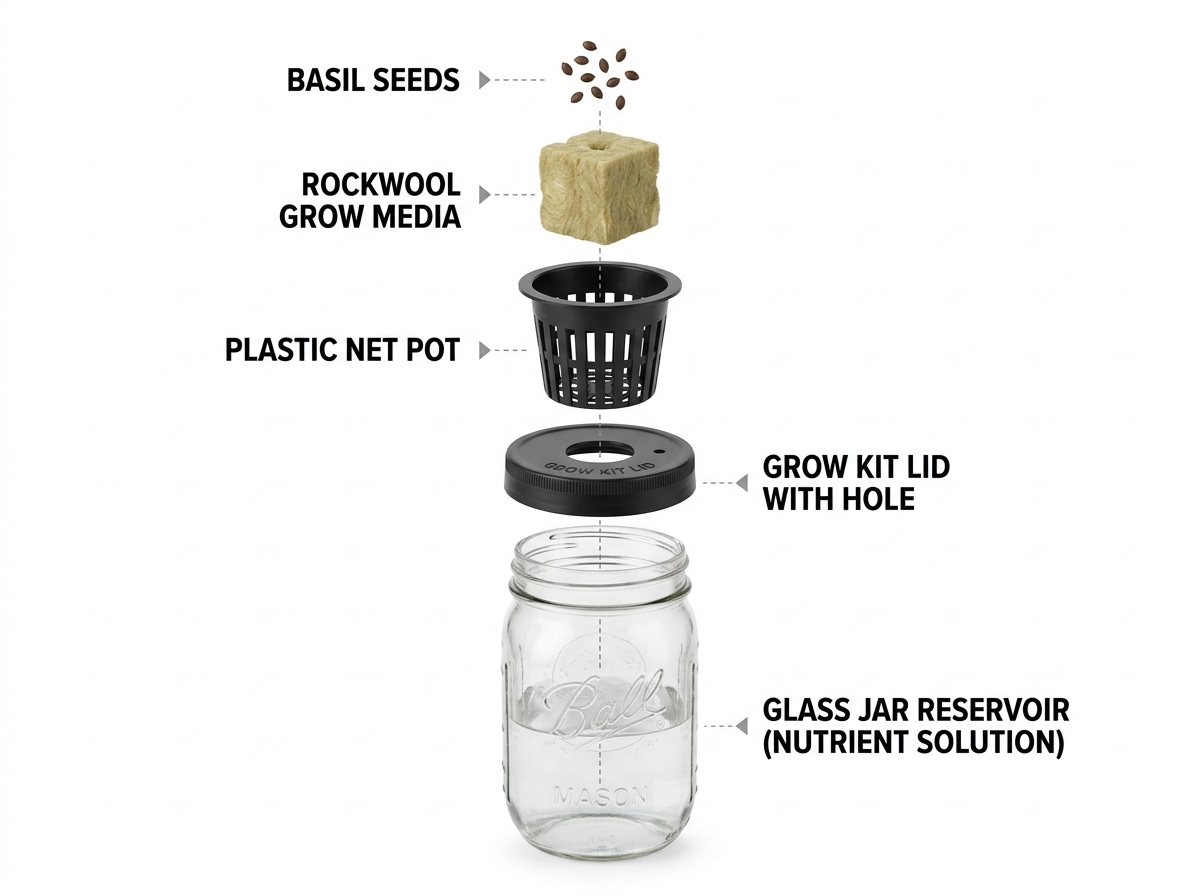 Exploded view of a hydroponic kit: reservoir, net pot, grow media, and seeds - basil hydro kit beginners Exploded view of a hydroponic kit: reservoir, net pot, grow media, and seeds - basil hydro kit beginners