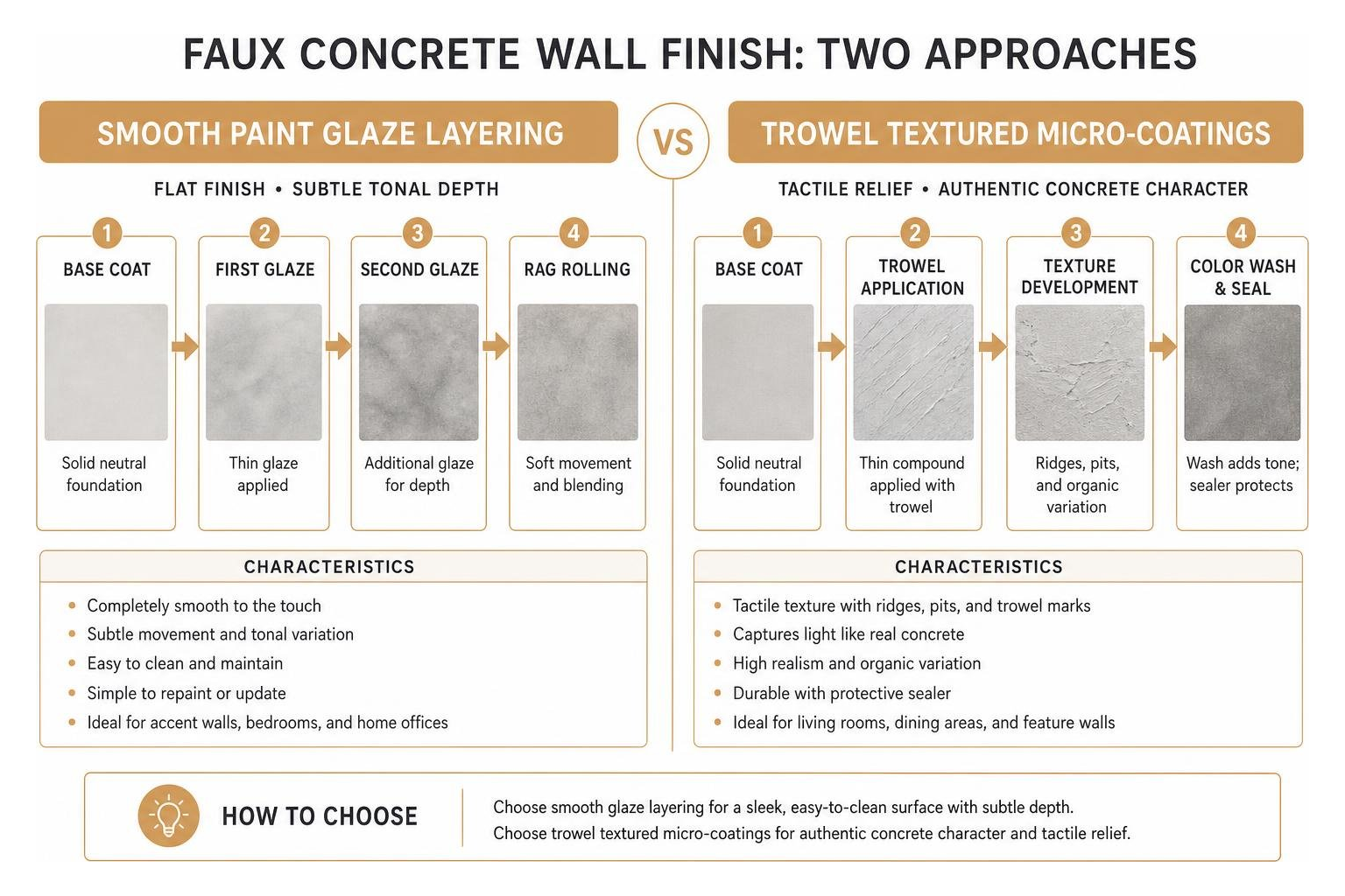 Comparison diagram of smooth paint glaze layering versus trowel textured micro-coatings Comparison diagram of smooth paint glaze layering versus trowel textured micro-coatings