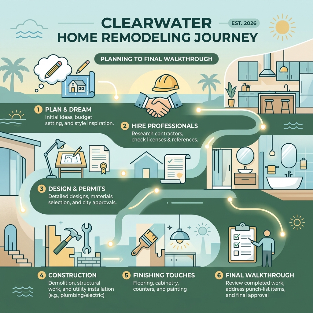 Infographic showing the Clearwater home remodeling journey from planning to final walkthrough - Home improvement Clearwater Infographic showing the Clearwater home remodeling journey from planning to final walkthrough - Home improvement Clearwater