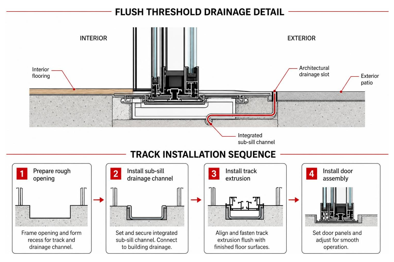 Flush threshold drainage detail and track installation sequence Flush threshold drainage detail and track installation sequence